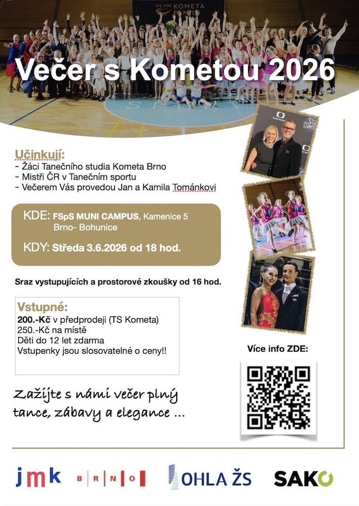 Večer s Kometou 2026 - taneční večer pro děti a dospělé, soutěže, zábava a tanec v Brně. Přijďte si užít večer plný tance a elegance.